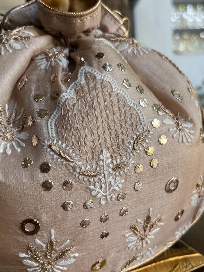 Peach Shade Raw Silk Chikankari Polti Bag