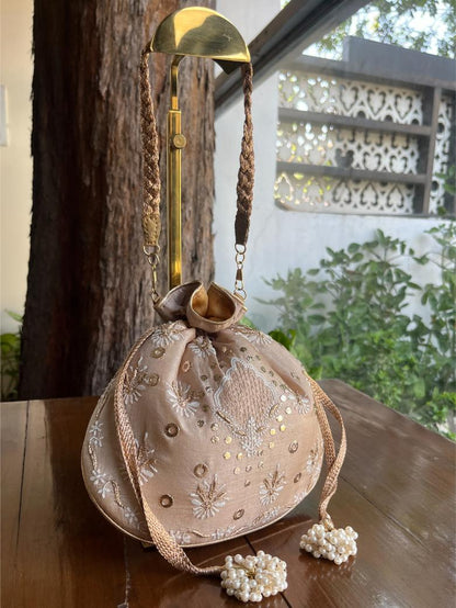 Peach Shade Raw Silk Chikankari Polti Bag