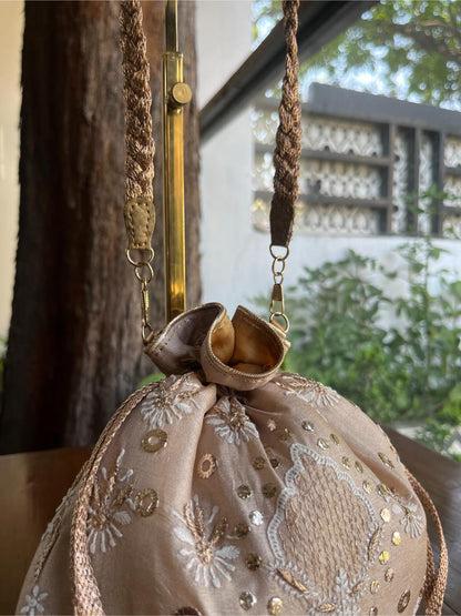 Peach Shade Raw Silk Chikankari Polti Bag