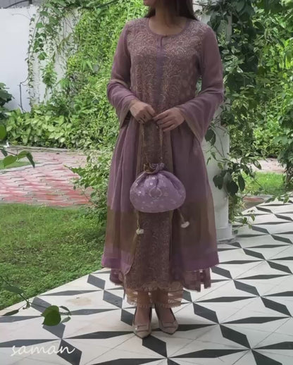 Dusty Lilac Tissue Silk Chikankari Kurta Set