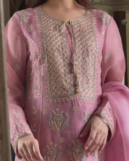 Candy Pink Noor Organza Chikankari Anarkali With Dupatta