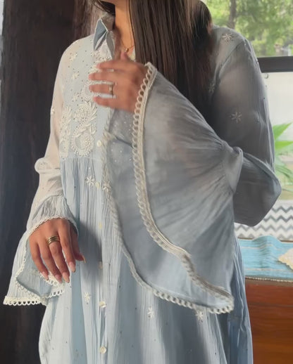 Powder Blue Mal chikankari Dress With Bell Sleeves