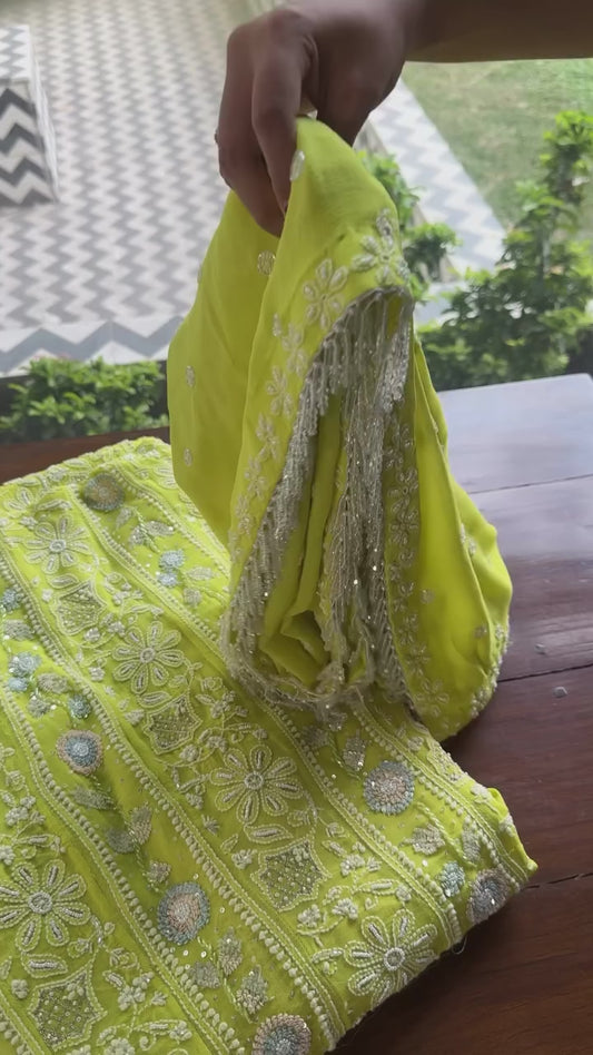 Semi Stitched Georgette Multi - Zardosi Chikankari Anarkali | Lime Neon