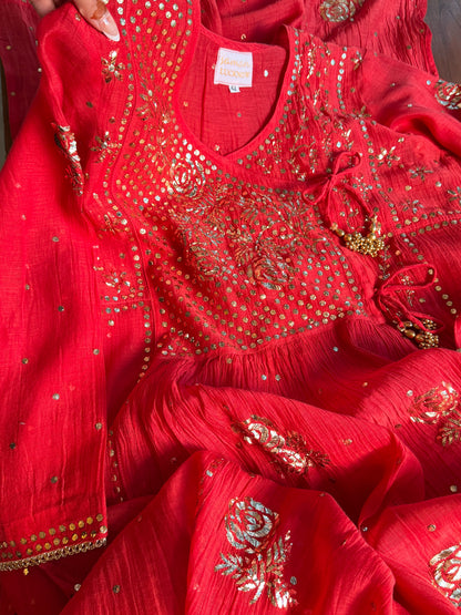 Red Mukaish Kamdani Mul Chanderi Angarkha