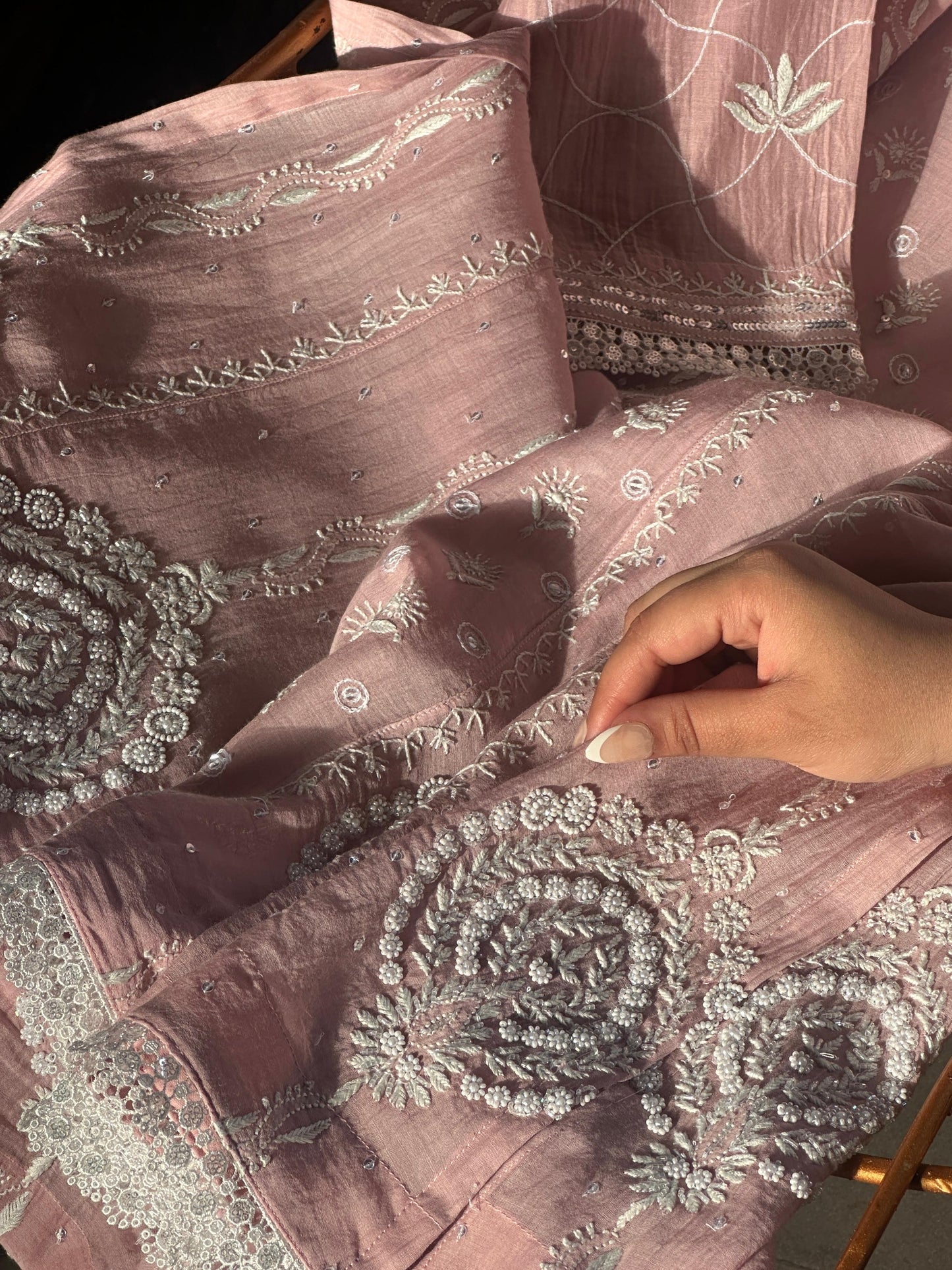 Pink Shade Malmal Pearl Work Chikankari Anarkali
