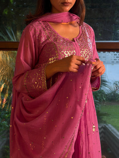 Deep Purple Mukaish Mul Chanderi Silk Ready To Wear Dress