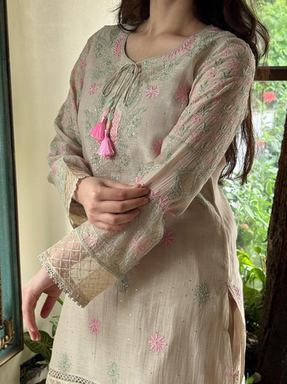 Nude Beige Shade Mul Chanderi Chikankari Farshi Sets