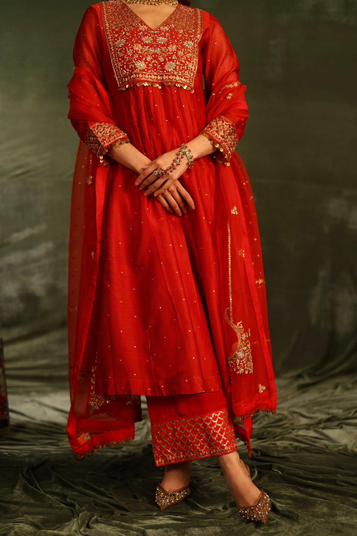 Red & Purple Maheshwari Silk Awadhi Zardosi Kurta Set
