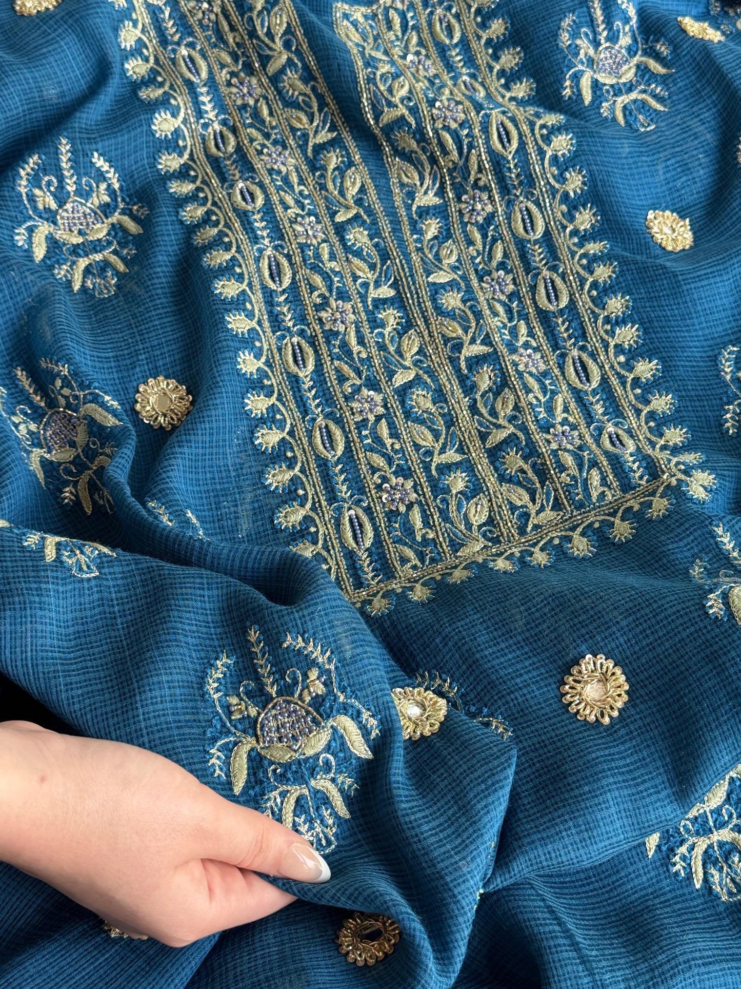 Blue Handloom Kota Chikankari With Mirror Work Unstitched Kurta Dupatta Set