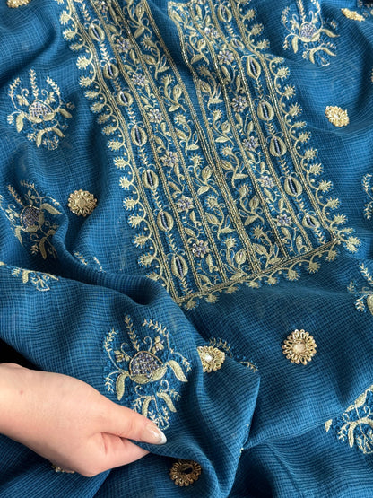 Blue Handloom Kota Chikankari With Mirror Work Unstitched Kurta Dupatta Set