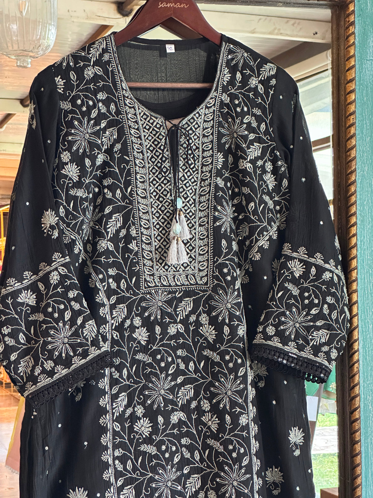 Black Mul Chanderi Chikankari Kurta Set with Pearl & Sequin Work