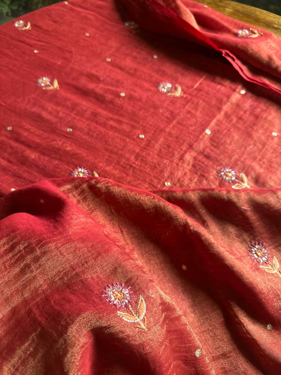 Red Tissue Silk Chikankari Unstitched Fabrics