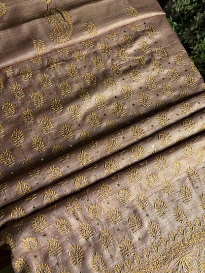 Beige Shade Roheen Tussar Silk Chikankari Fabric