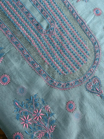 Blue Multi Shade Organza Silk Chikankari Unstitched Fabric