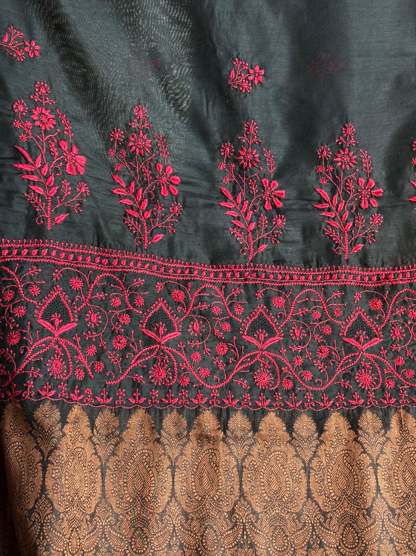Black & Red Chanderi Saree with Chikankari Embroidery & Banarasi Zari Border