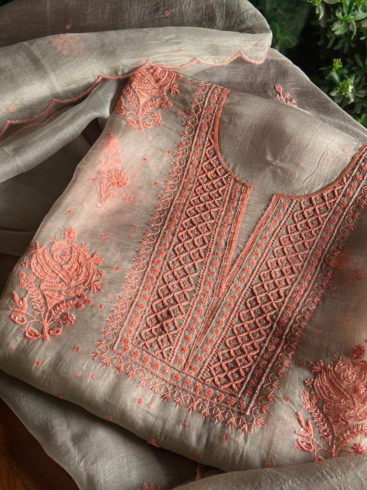 Beige & Peach Shade Noor Organza Silk Chikankari Unstitched Fabric