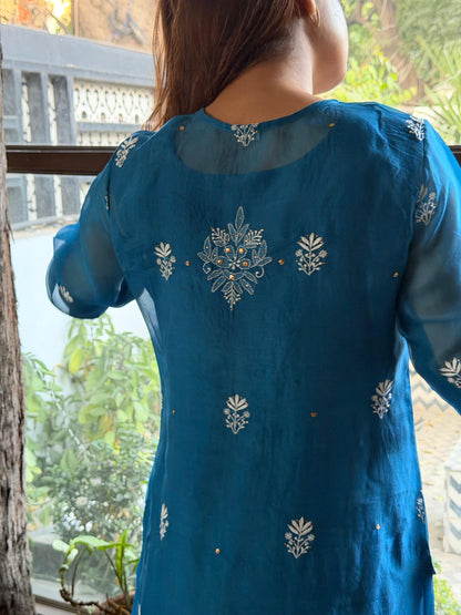 Azure Blue Shade Noor Organza Chikankari Applique Kurta Set