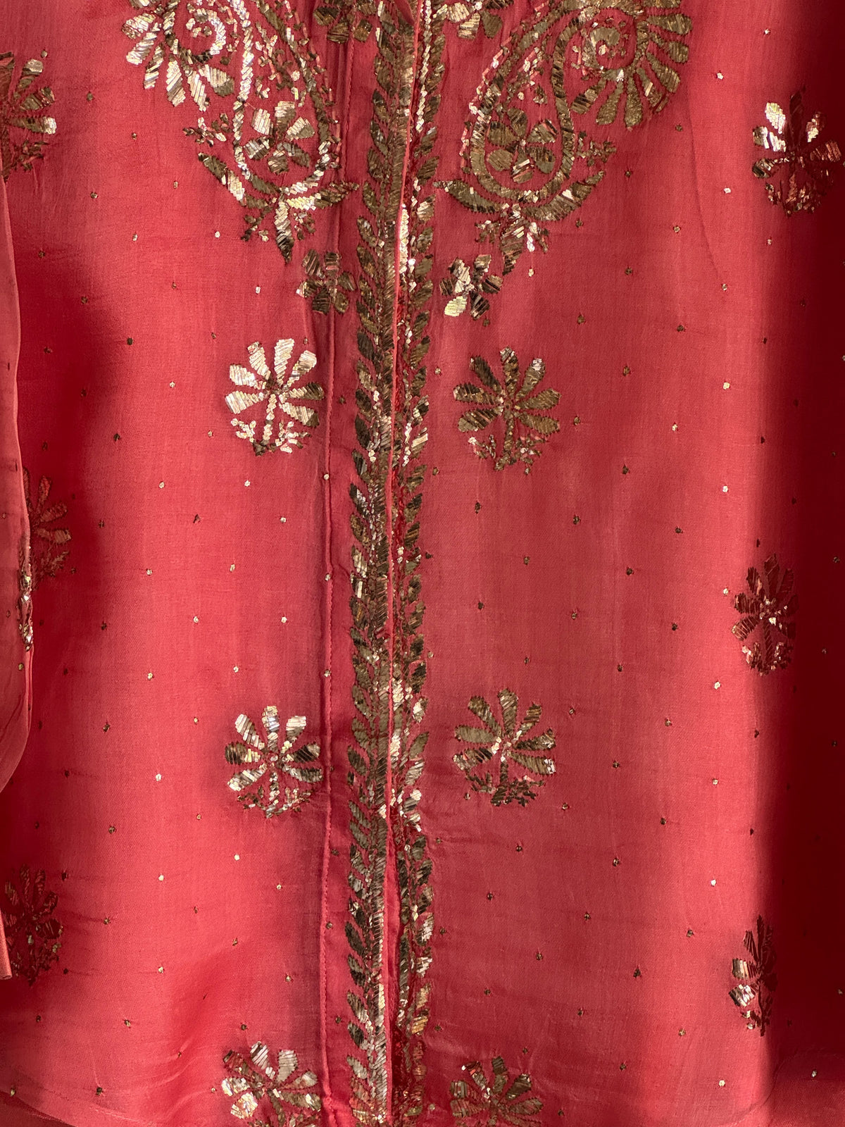 Carrot Pink Noor Organza Mukaish Badla Short Top With Bow Tie