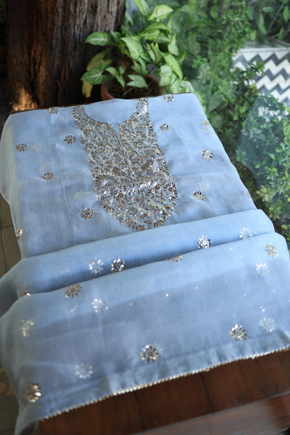 Powder Blue Shade Noor Organza Silk Badla Unstitched Kurta Dupatta Set