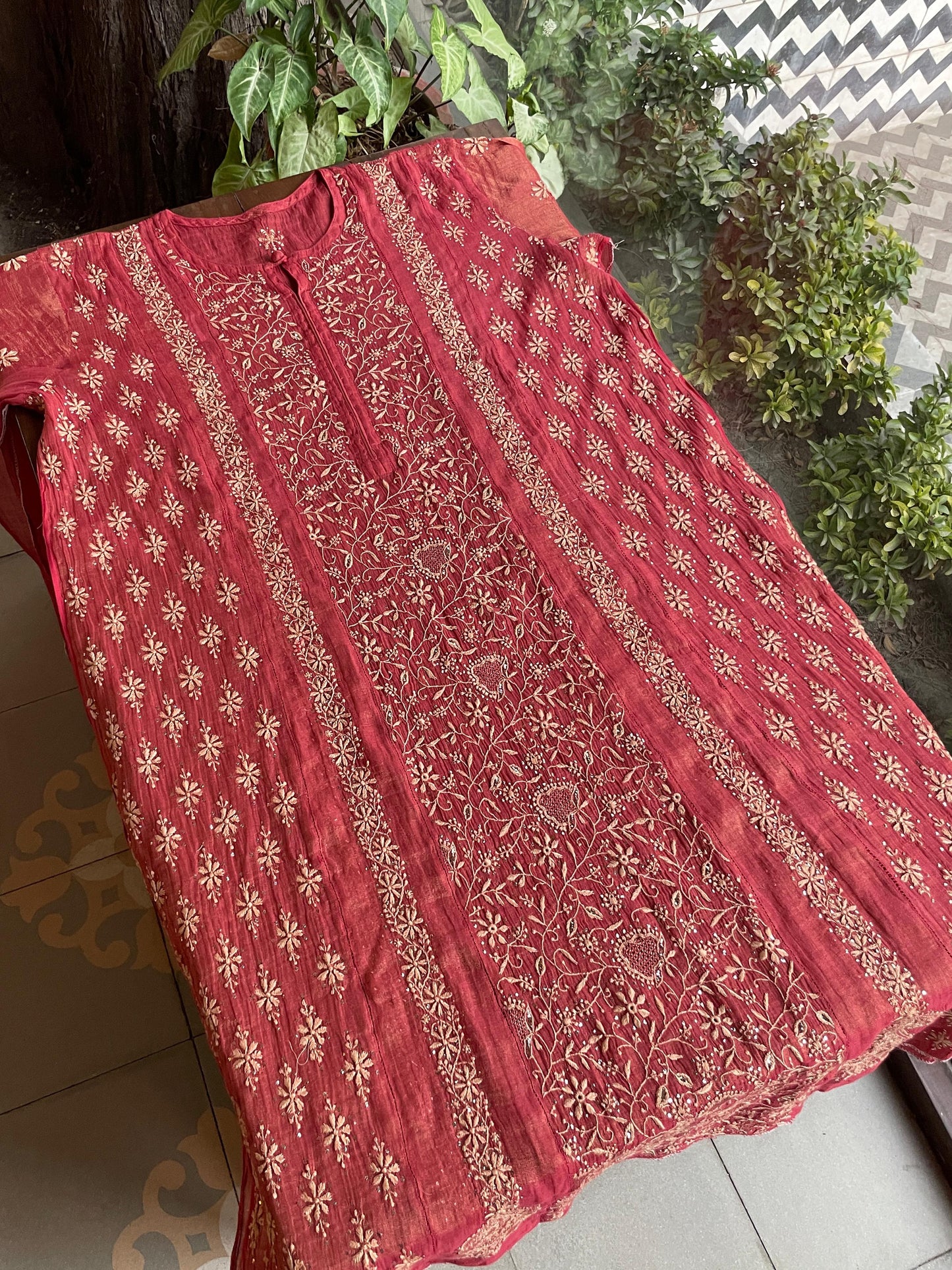 Dusty Red Shade Shade | Tissue Silk Chikankari Work Kurta Set