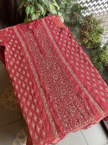 Dusty Red Shade Shade | Tissue Silk Chikankari Work Kurta Set
