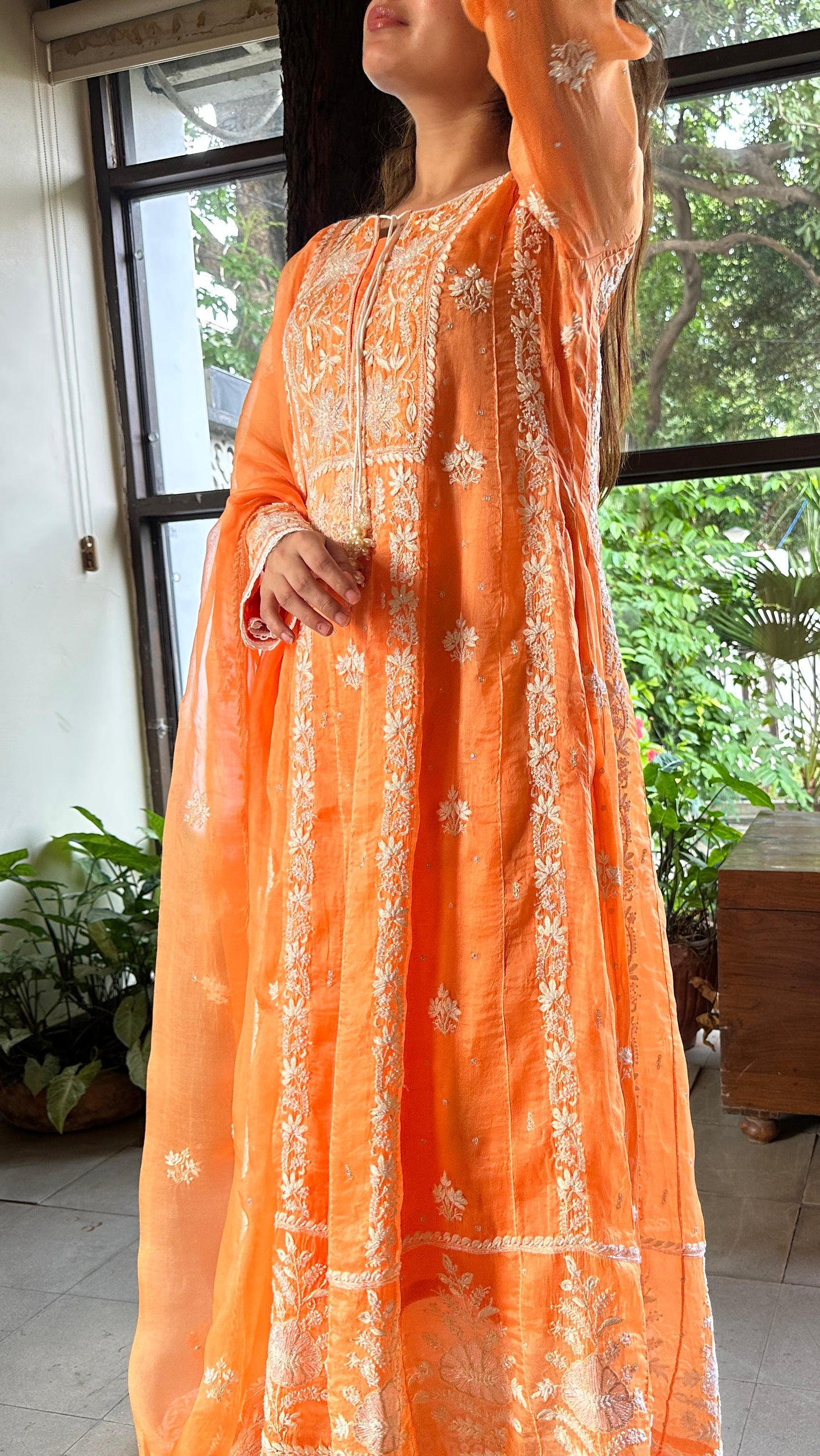 Orange Noor Organza Chikankari Anarkali Kurta With Dupatta