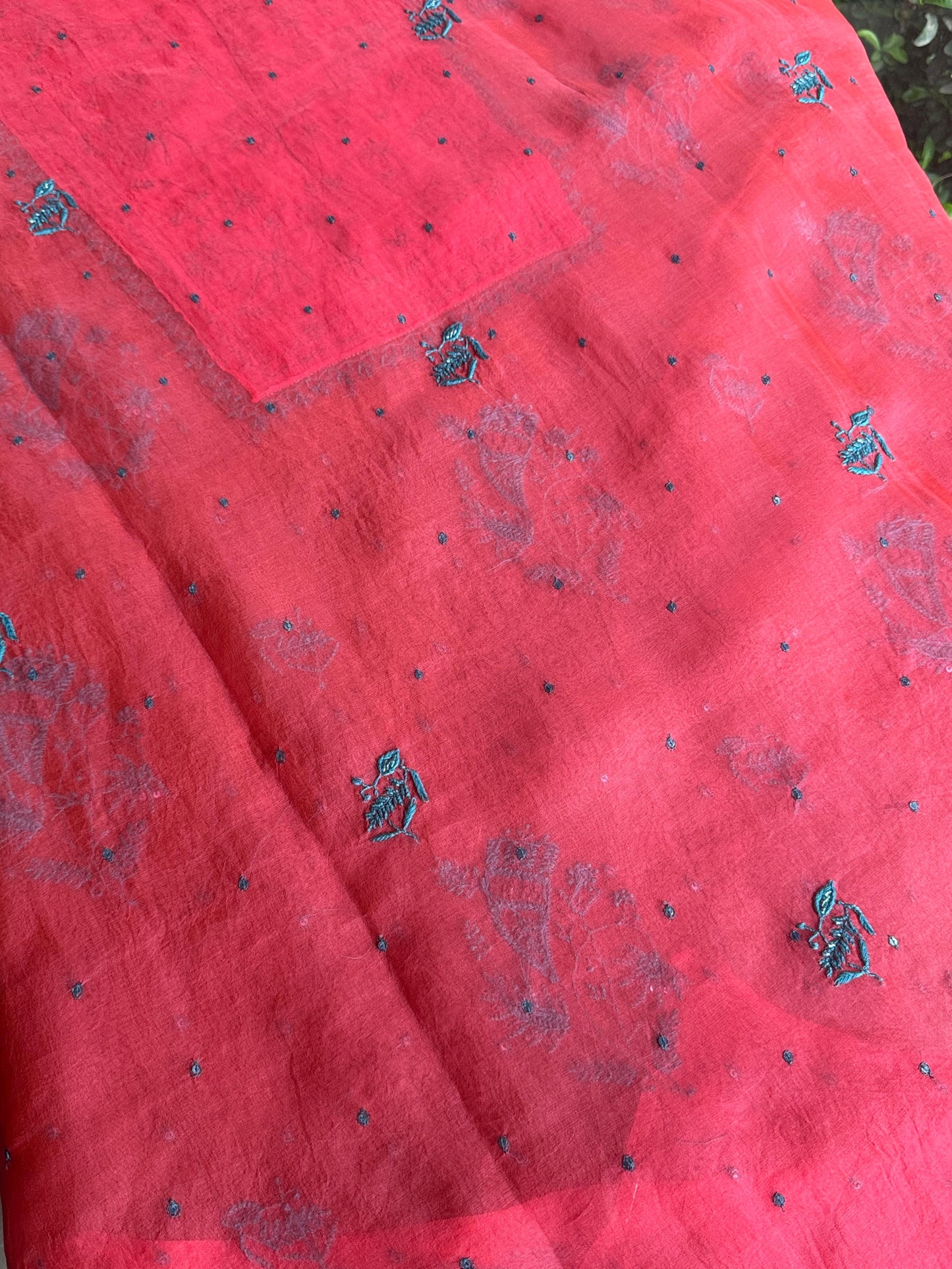 Watermelon Red Shade Noor Organza Silk Chikankari Unstitched Kurta Dupatta Set