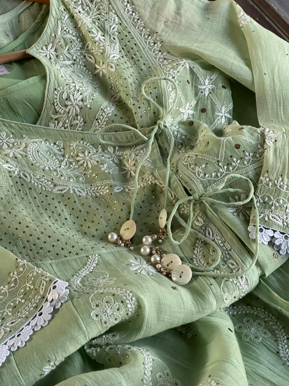 Mint Green Shade Malmal Mukaish Kamdani Chikankari Kalidar Angarkha