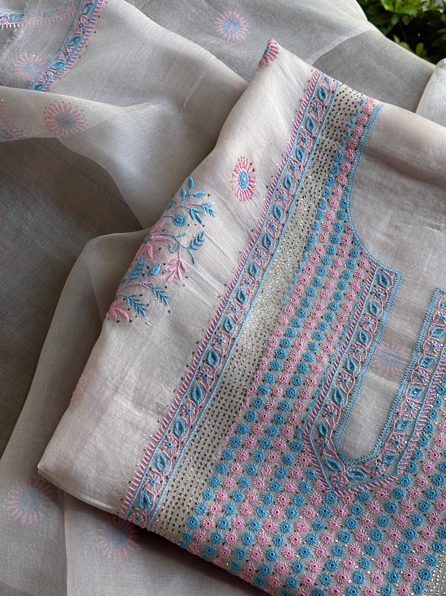 Dusty Lilac Multi Shade Organza Silk Chikankari Unstitched Fabric
