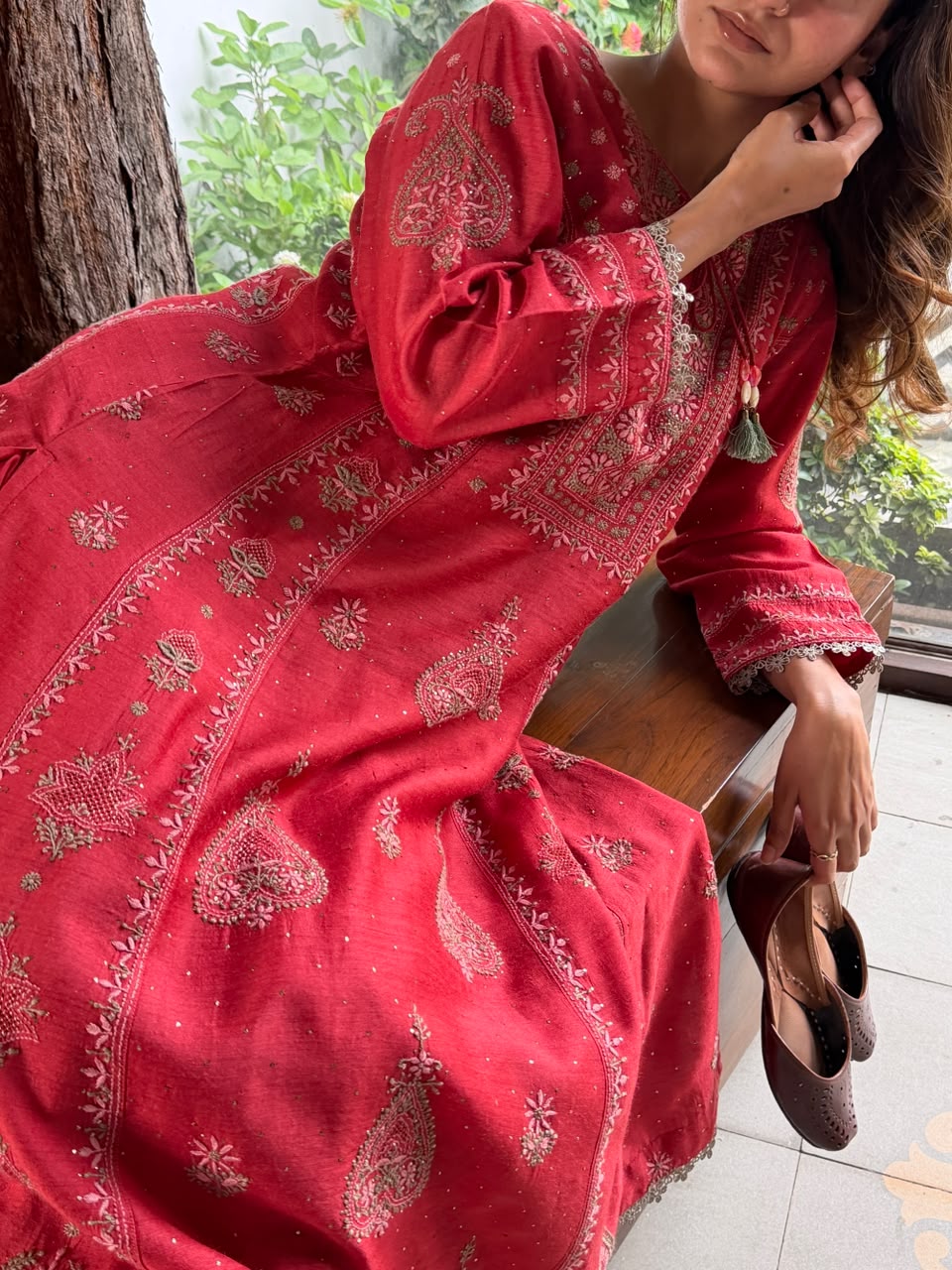 Brick Red Moonga Silk Chikankari Anarkali With Dupatta
