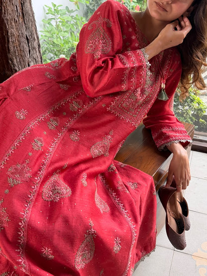 Brick Red Moonga Silk Chikankari Anarkali With Dupatta