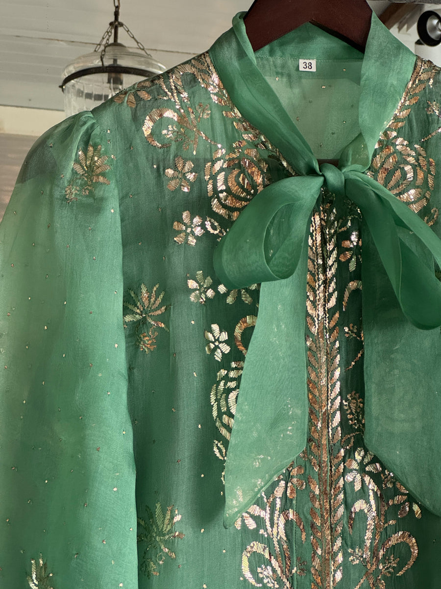 Sea Green Noor Organza Mukaish Badla Short Top With Bow Tie