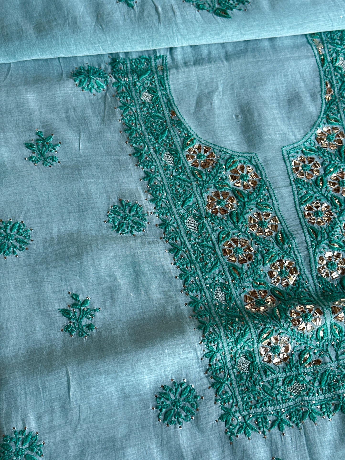 Blue Shade Mal Cotton Chikankari Unstitched Kurta Dupatta Fabric With Mukaish Badla