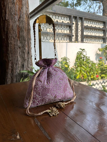 Lavender Raw Silk Chikankari Polti Bags