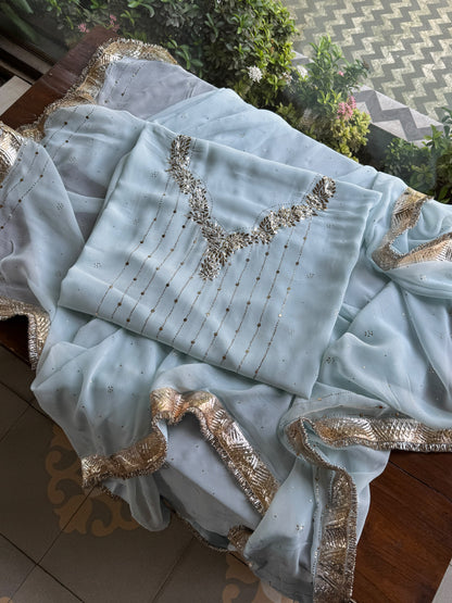Powder Blue Mukaish Badla Pure Georgette Kurta Set
