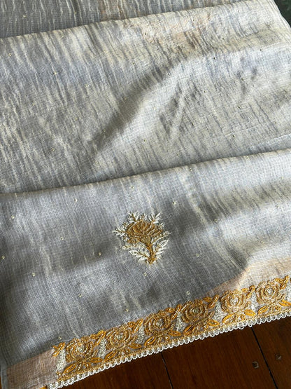 Grey & Mustard Shade Tissue Kota Chikankari Unstitched Fabric