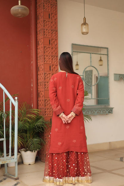 Madder Rust Red Chikankari Pure Georgette Kurta Gharara Set with Kalamkari Dupatta