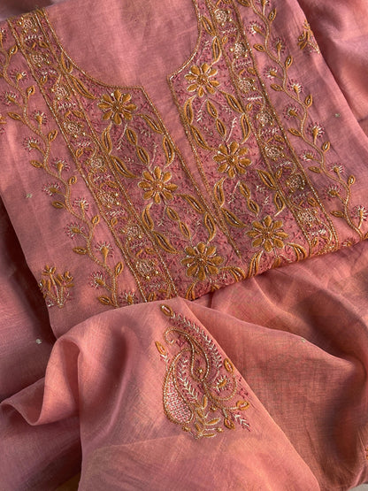 Rose Pink Shade Roheen Tissue Silk Chikankari Unstitched Fabric