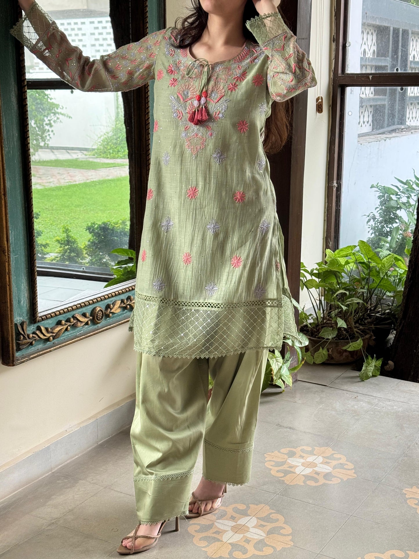 Green Shade Mul Chanderi Chikankari Farshi Sets