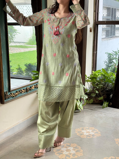 Green Shade Mul Chanderi Chikankari Farshi Sets