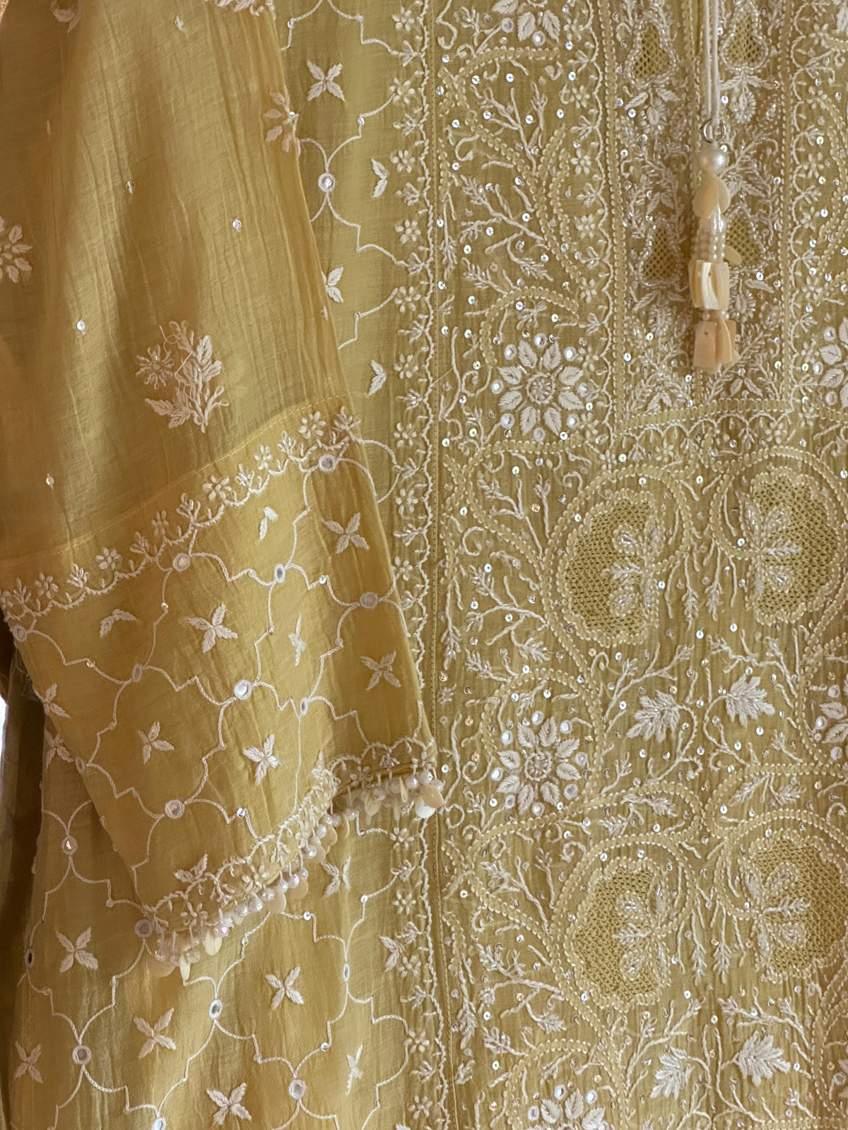Yellow Shade Malmal Pearl White Chikankari Ready to Wear Kurta Set