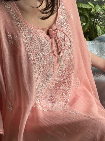 Pink Malmal Sequinned Chikankari Kaftan
