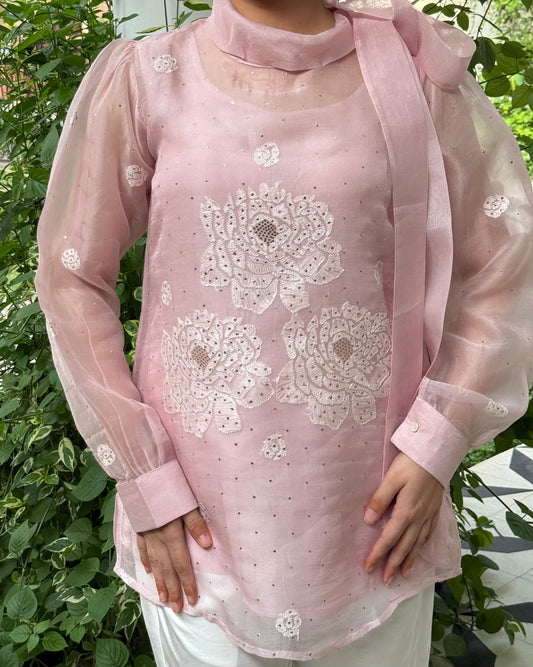Baby Pink Noor Organza Resham Chikankari Short Top With Bow Tie