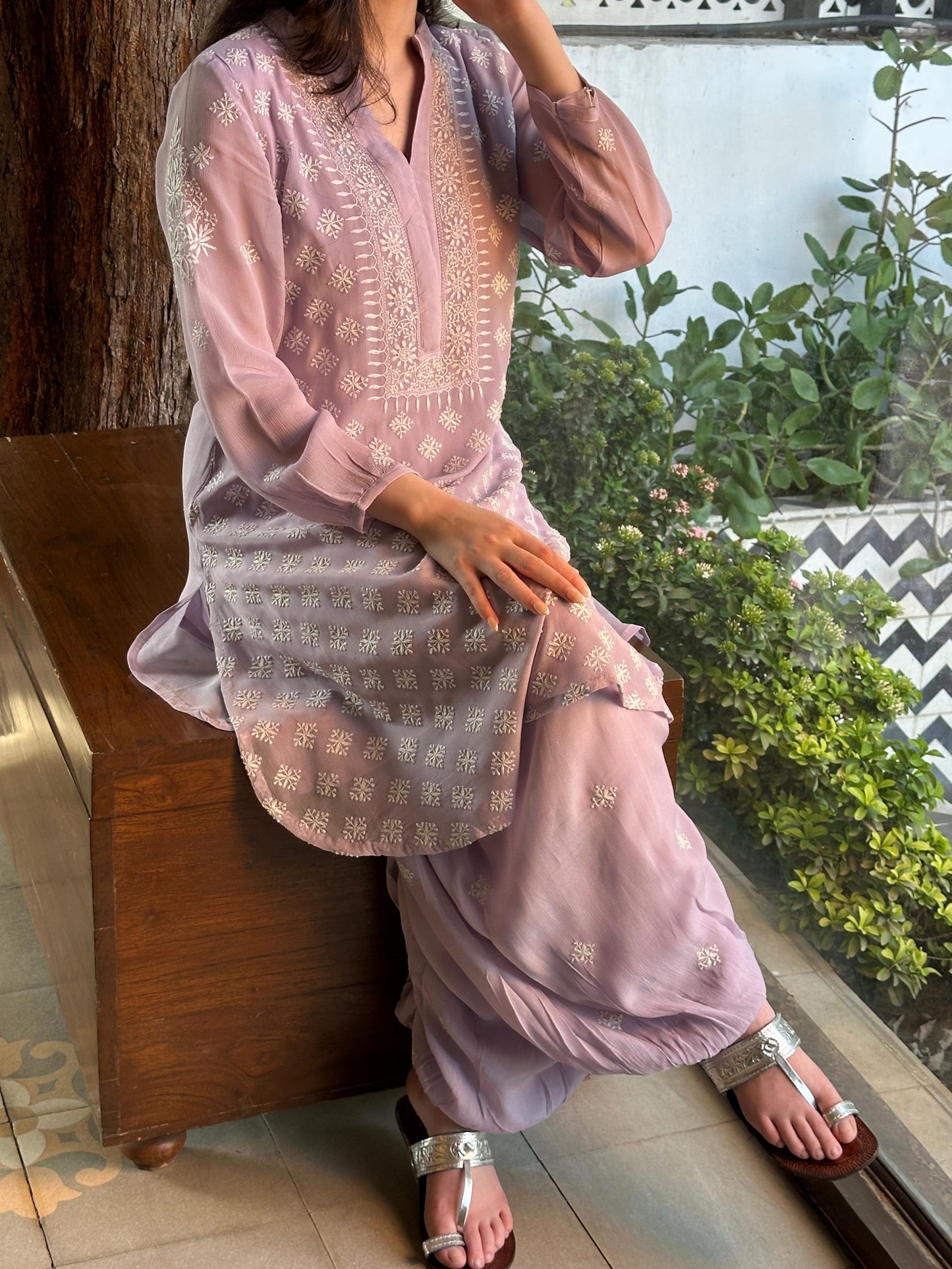 Lavender Chiffon Afghani Shalwar Chikankari Coord Set - Fine Chikankari Work
