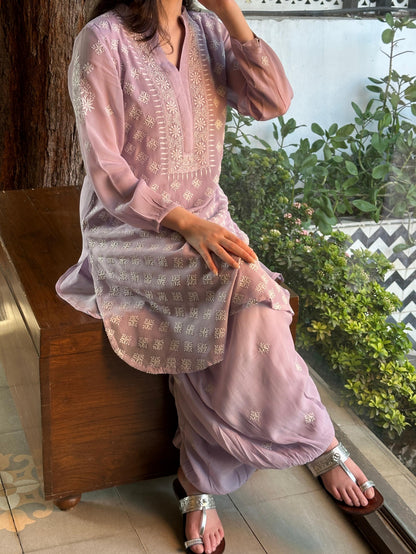 Lavender Chiffon Afghani Shalwar Chikankari Coord Set - Fine Chikankari Work