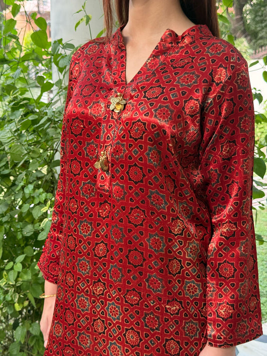 Ajrak Brick Red Shade Mashru Silk, Short Kurta