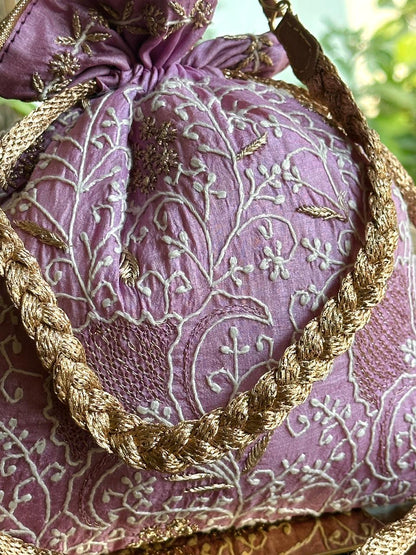 Lavender Raw Silk Chikankari Polti Bags