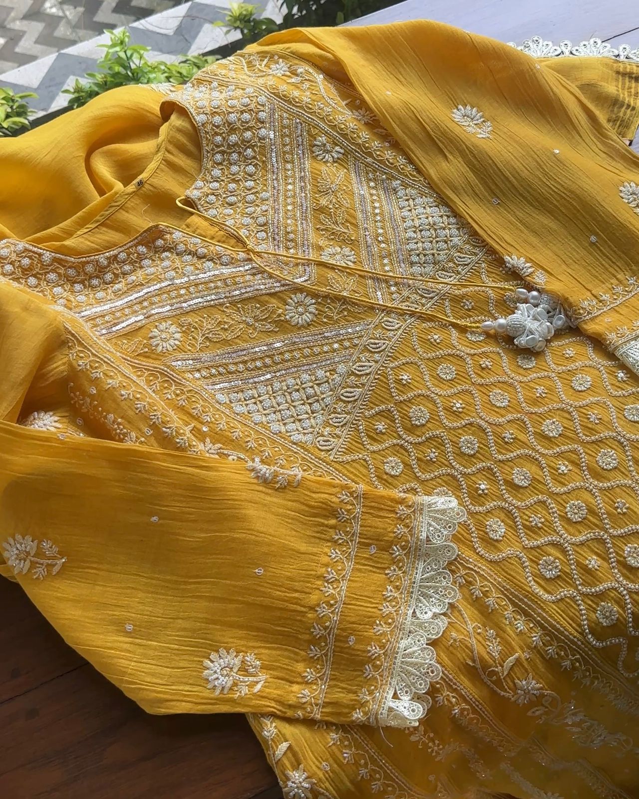 Yellow Malmal Pearl Work Chikankari Kalidar A Line Kurta With Dupatta