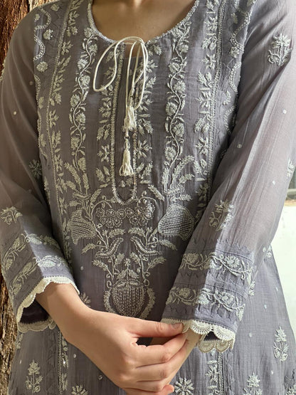 Grey Shade Malmal Mukaish Kamdani Chikankari Kurta Set