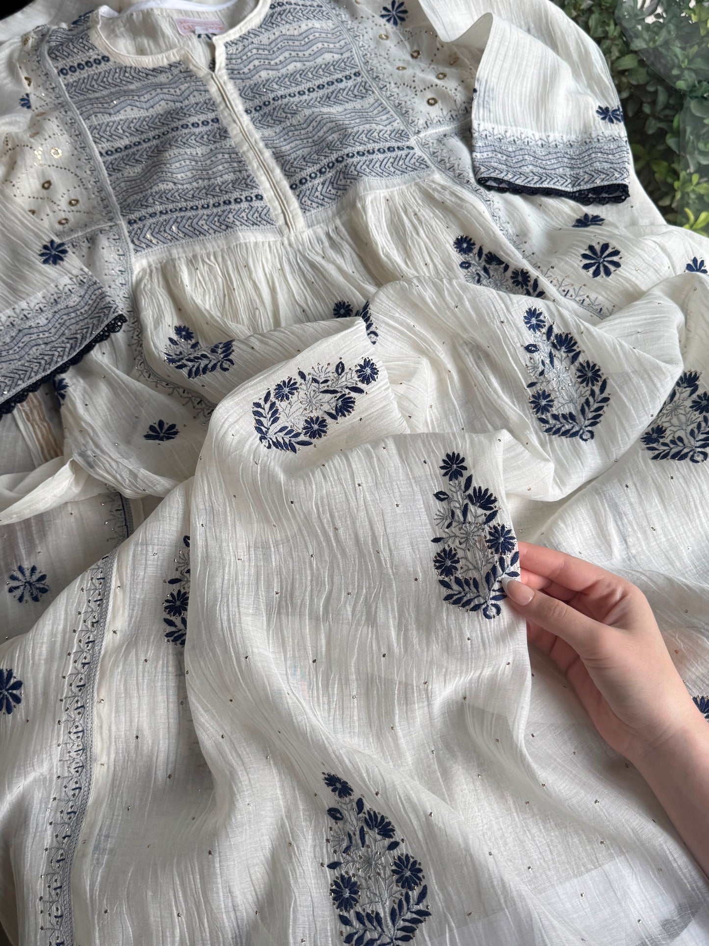 White Melon | Malmal Mukaish Kamdani Chikankari Stitched Kurta Dupatta Set
